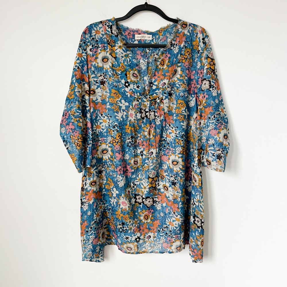 Natural Life Boho Floral Tunic Dress Swim Coverup Womens Small Medium Blue Pink - Picture 2 of 12